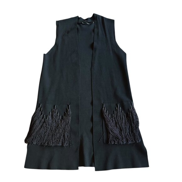 Kobi Halperin Black Open-Front Long-Length Vest Topper Fringe Pockets Size Small - Picture 1 of 13